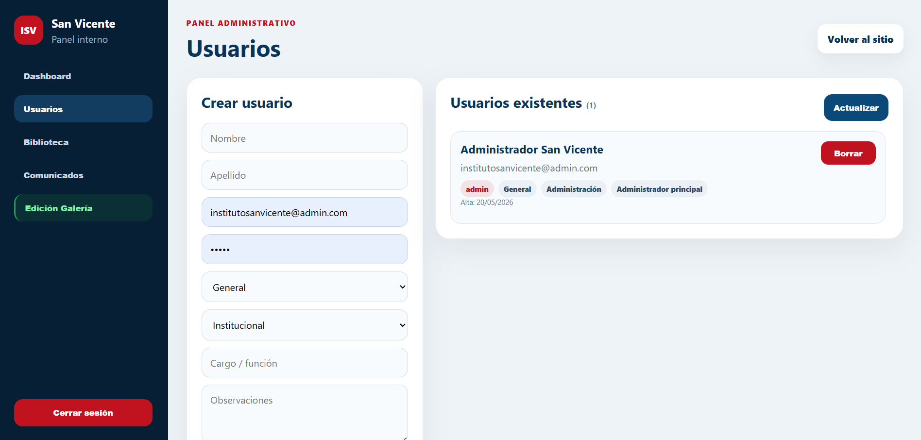 Panel administrativo